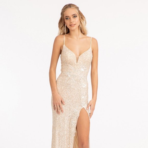 NEW CHAMPAGNE LONG OFF THE SHOULDER SLEEVELESS SEQUINED...